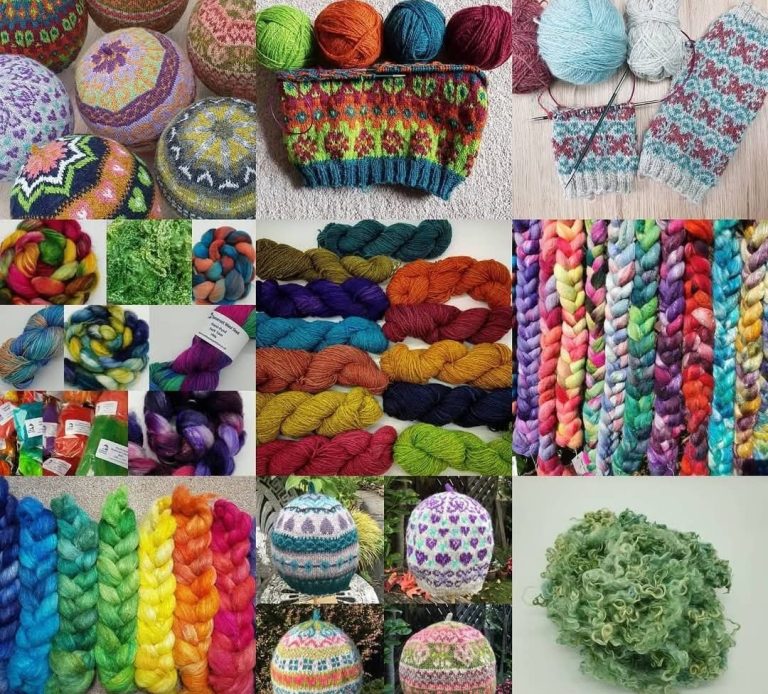 A montage of photographs of multicoloured Fair Isle hats, gloves, dyed and handspun yarn and fibre